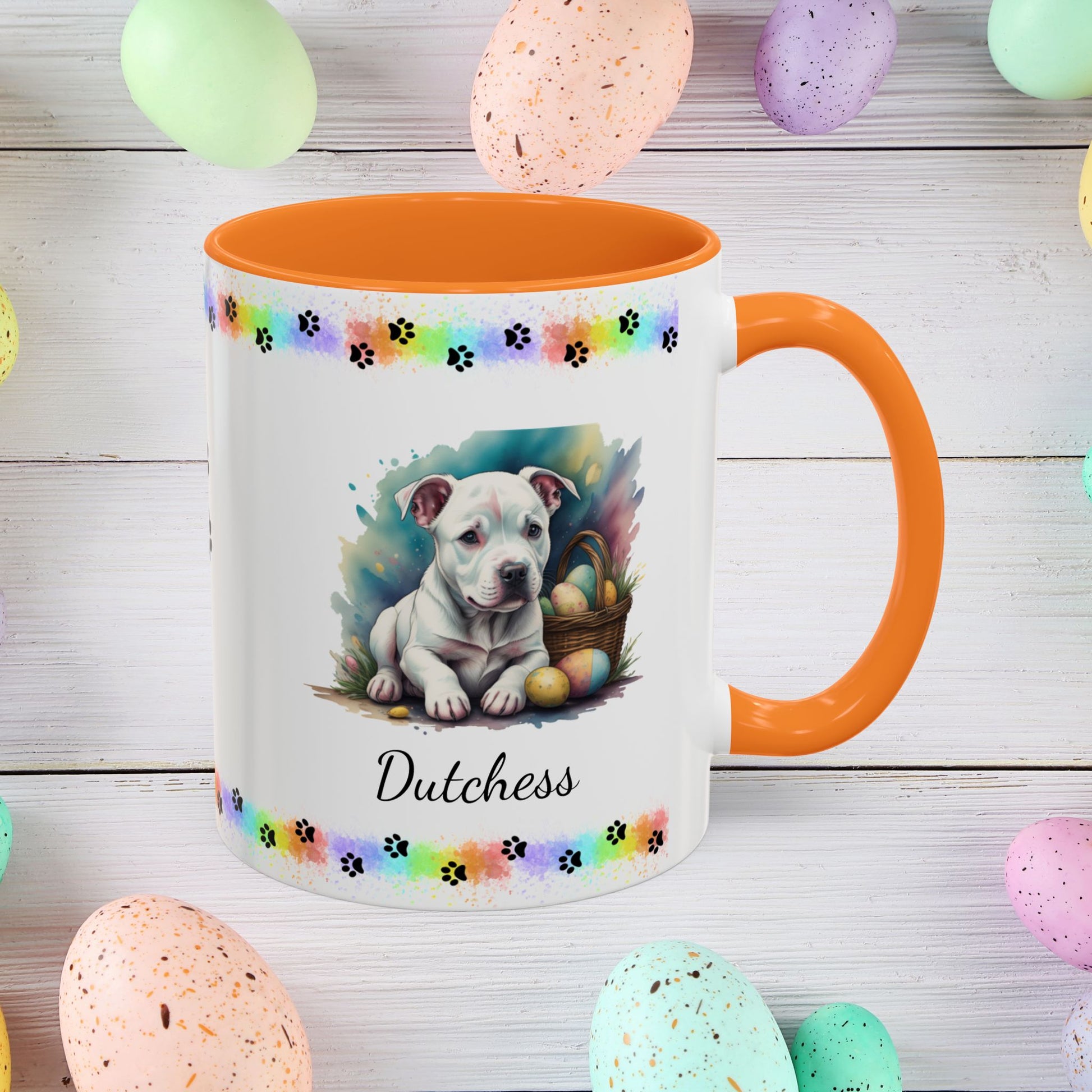Pitbull (White): Personalized Easter Puppy Coffee Mug - Adorable Dog Design, Mental Health Gift, 11oz & 15oz, 12 Color Choices, Easter Gifts & Décor