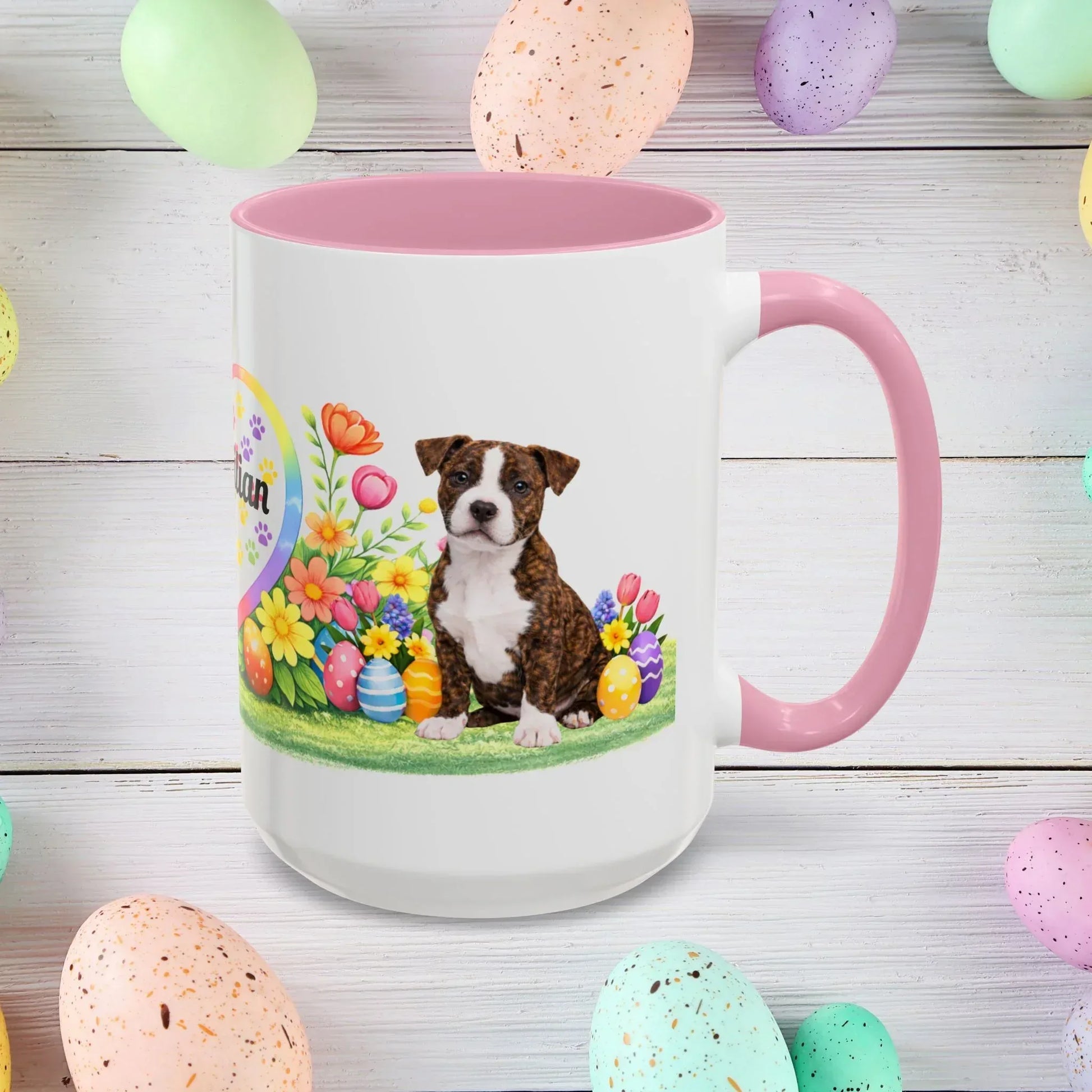 Shop our pitbull brindle white puppy easter mug featuring the 15oz style option from MySisterIsASurvivor.
