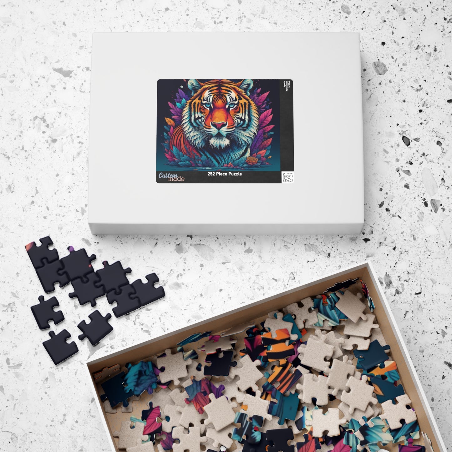 Tiger's Resolve - Jewel-Toned Tiger Puzzle with Tropical Leaves on Dark Navy Background
