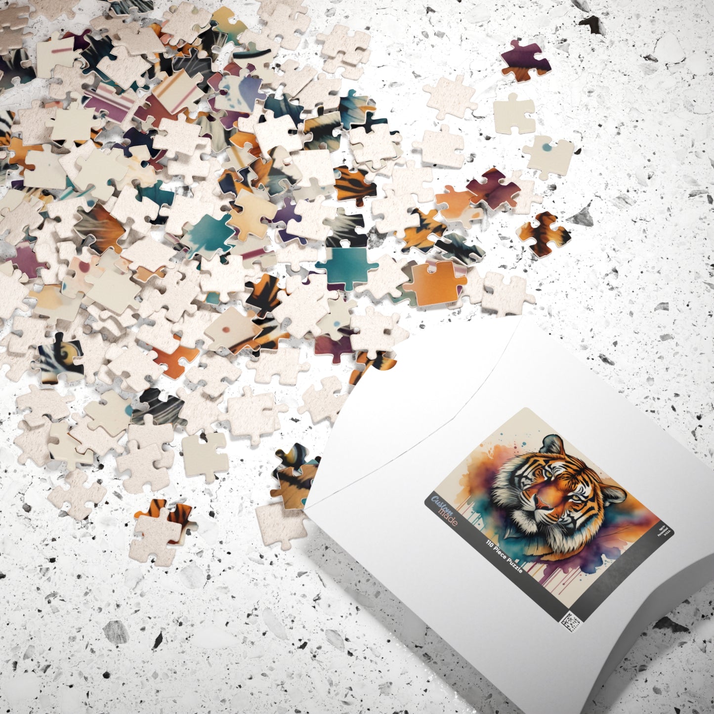 Stalking Serenity - Watercolor Tiger Puzzle with Peach, Purple, and Teal Washes on White