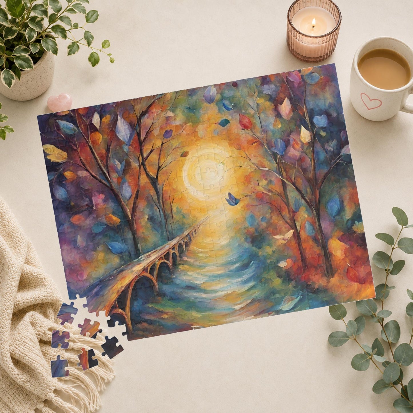 Bridge to Healing - Watercolor Landscape Puzzle with Glowing Path, Stone Bridge, and Colorful Floating Leaves