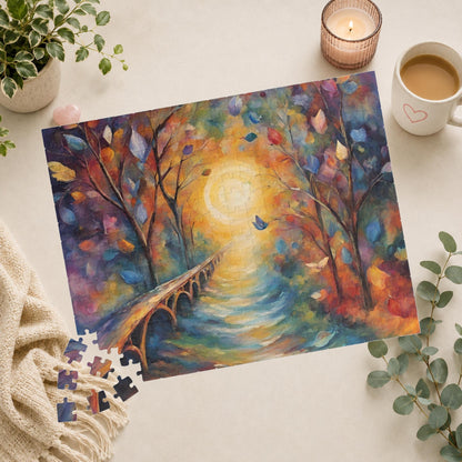 Bridge to Healing - Watercolor Landscape Puzzle with Glowing Path, Stone Bridge, and Colorful Floating Leaves
