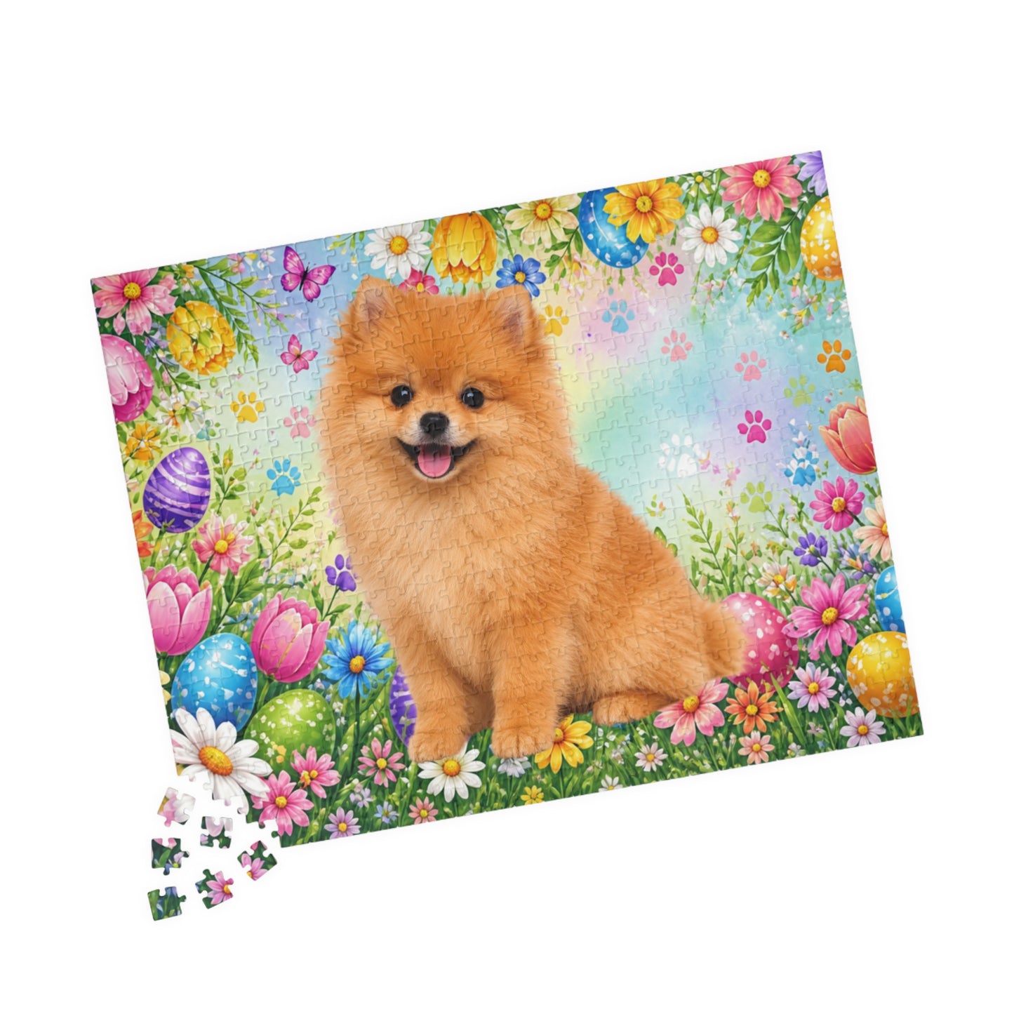 Pomeranian (Orange) Easter Puppy Puzzle - Spring Garden with Eggs, Tulips, and Daisies