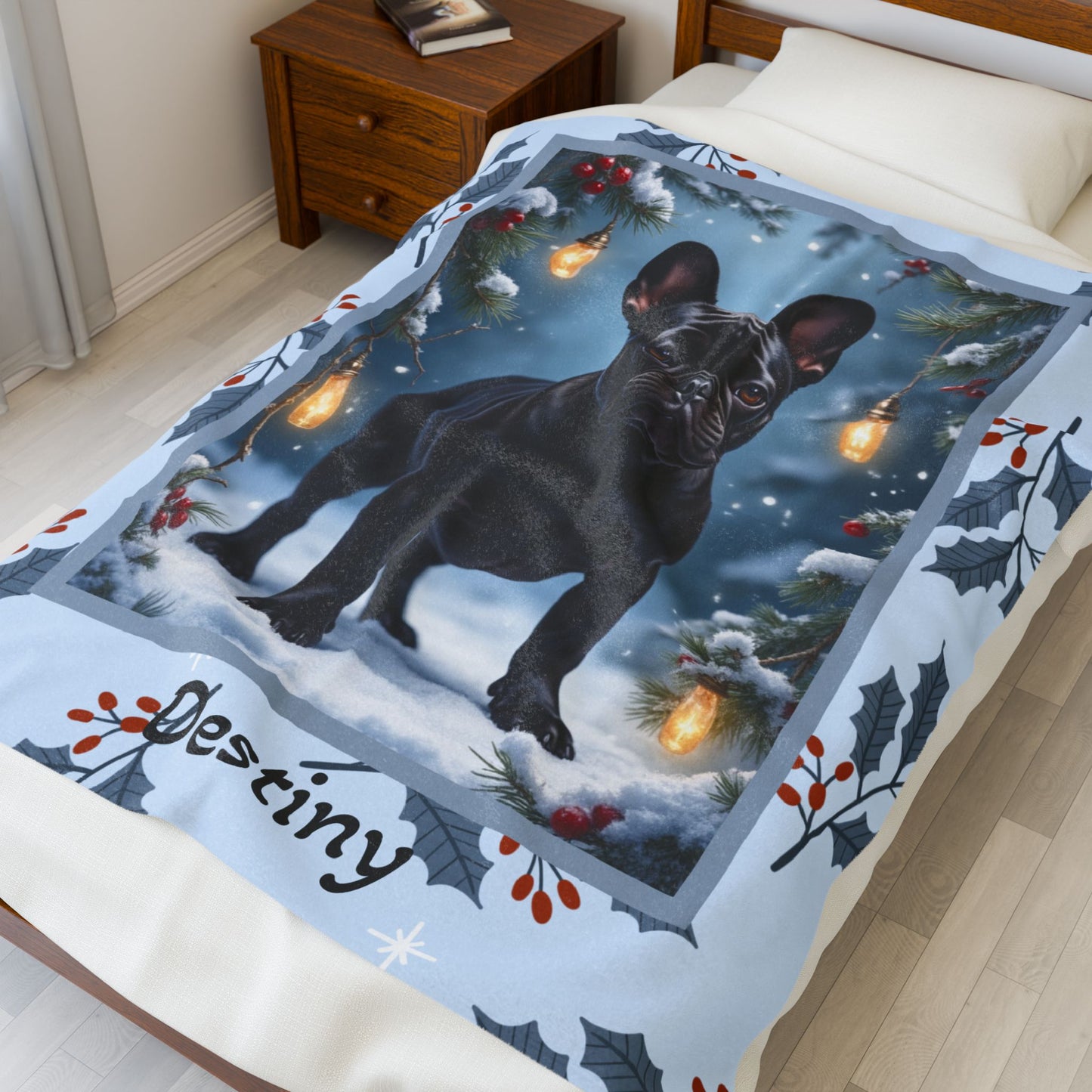 French Bulldog Black custom winter blanket featuring a charming Frenchie in a bright cozy lodge-style winter scene