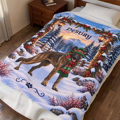Belgian Malinois (Brindle Coat) - Personalized Dog Name Blanket, Woodland Winter Throw for Mali Fans