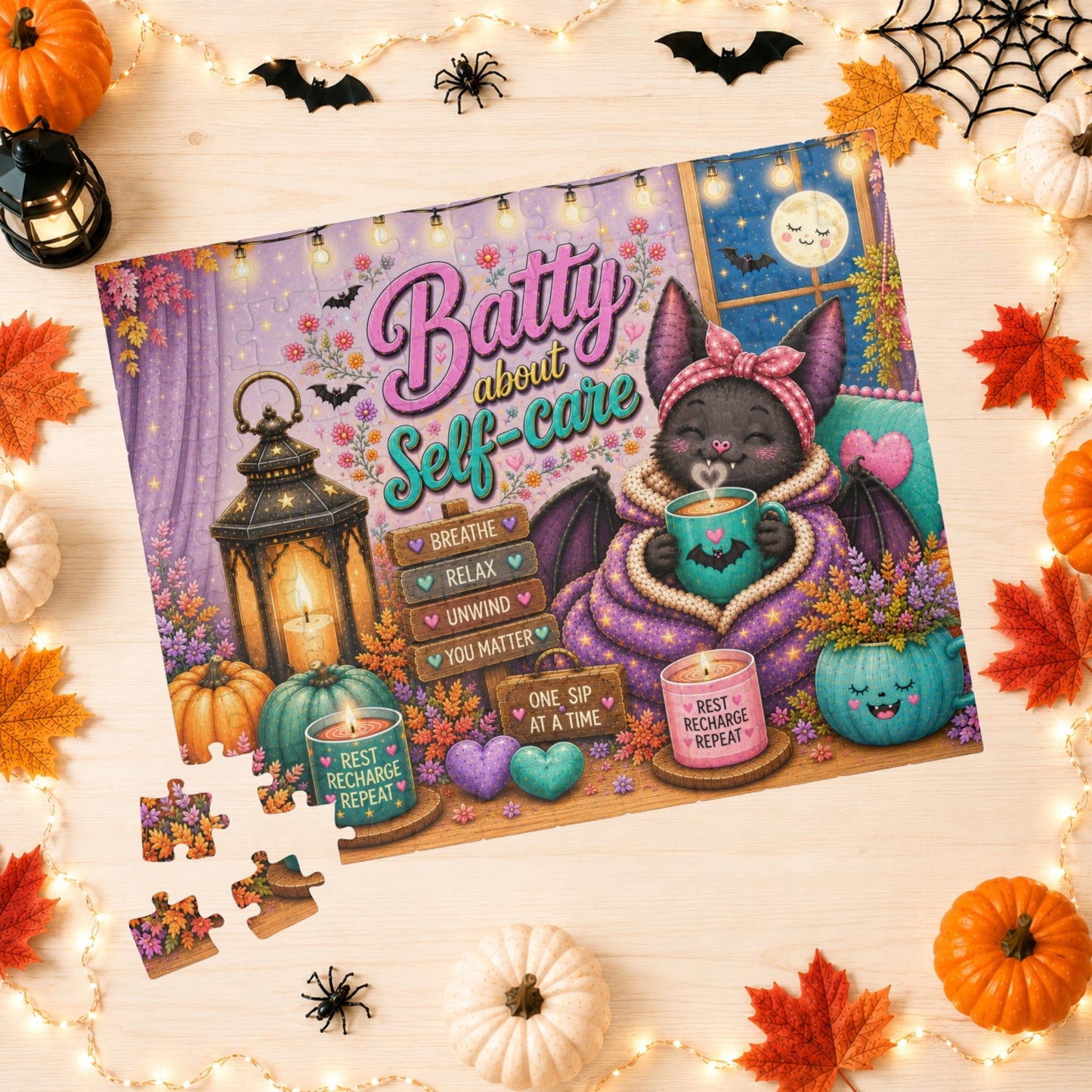 Batty About Self-Care Halloween Puzzle - Cozy Bat with Warm Mug, Blanket, and Rest Recharge Repeat