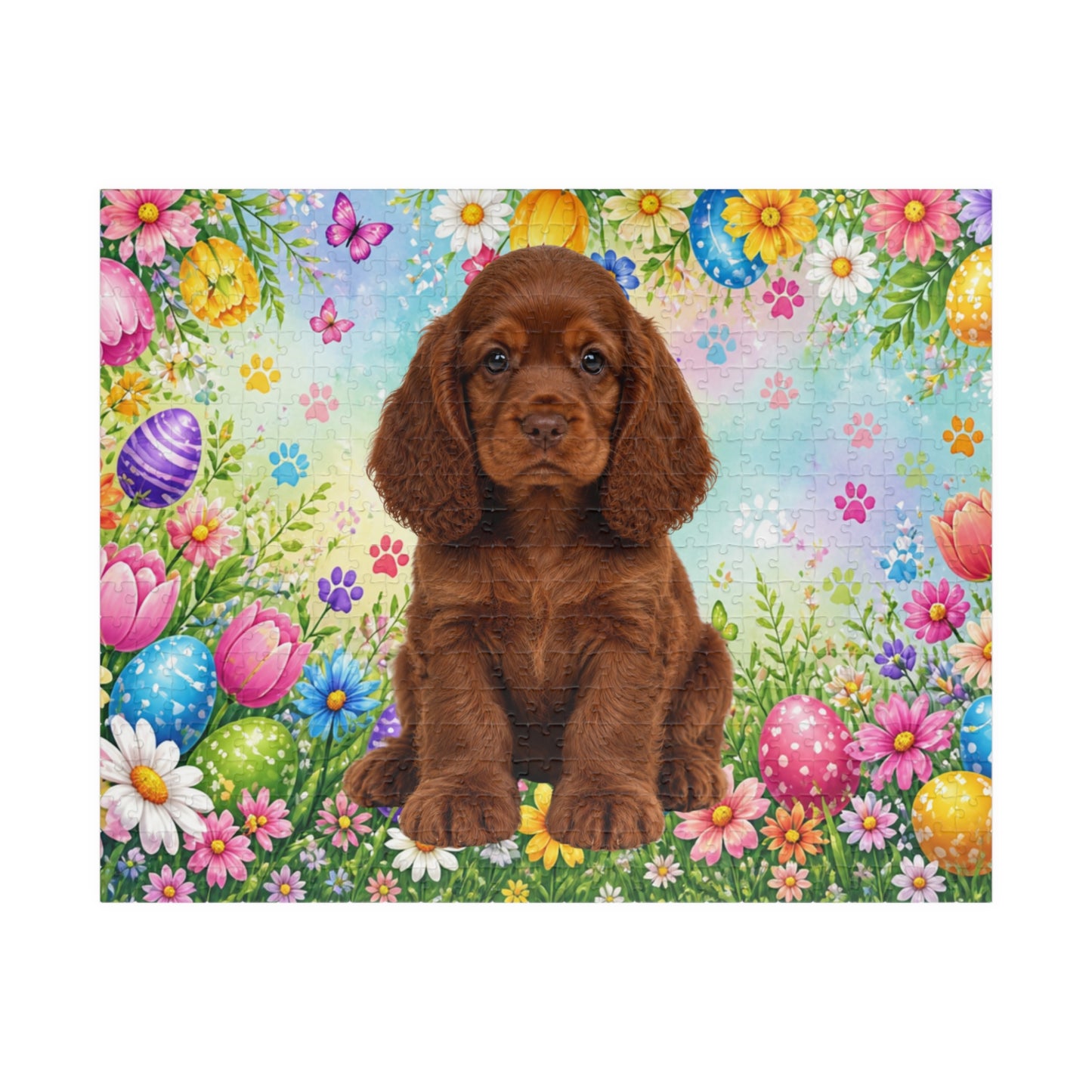 American Cocker Spaniel (Liver) Easter Puppy Puzzle - Spring Garden with Eggs, Tulips, and Daisies