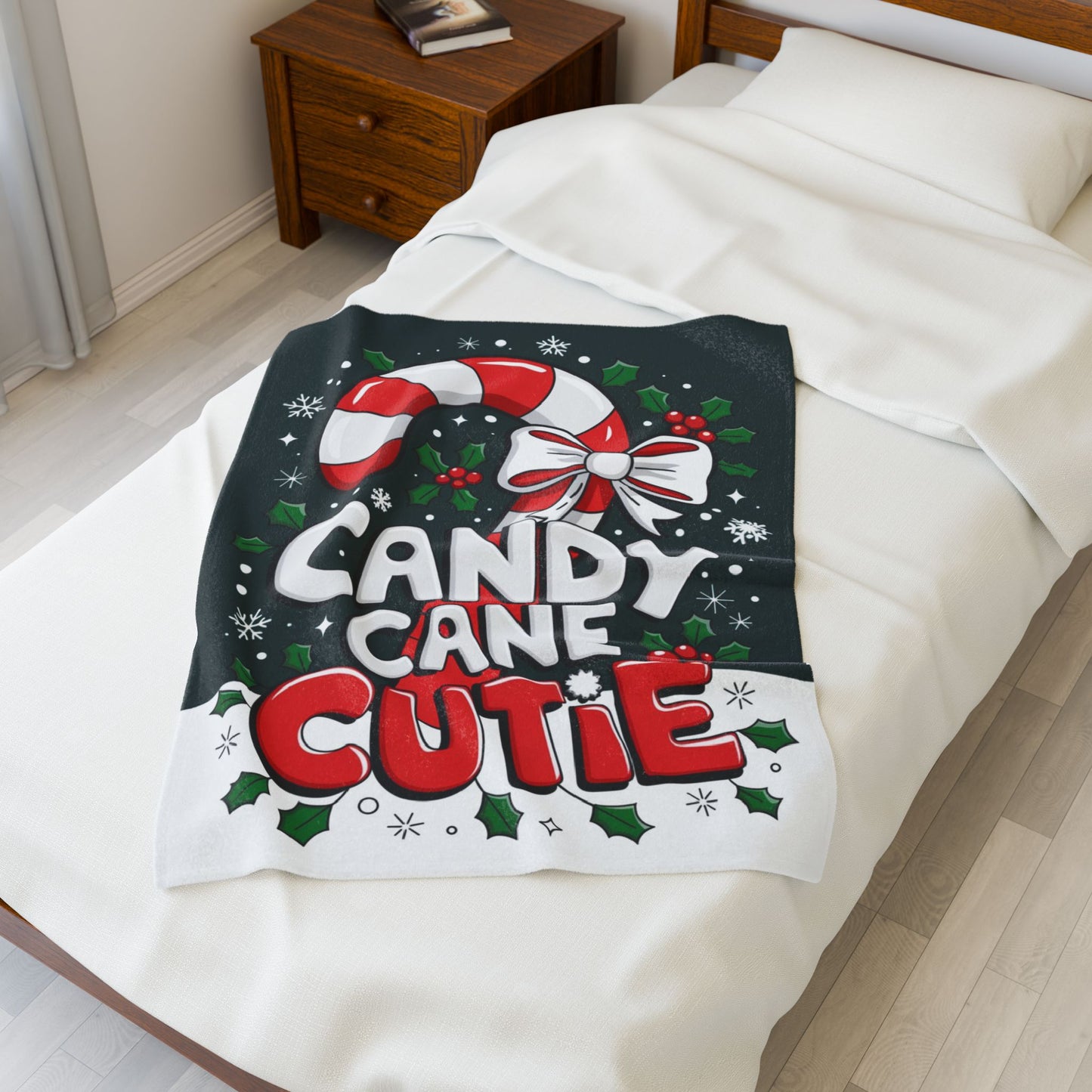 Cute Christmas blanket “Candy Cane Cutie” with fun holiday design, cozy festive throw for winter nights