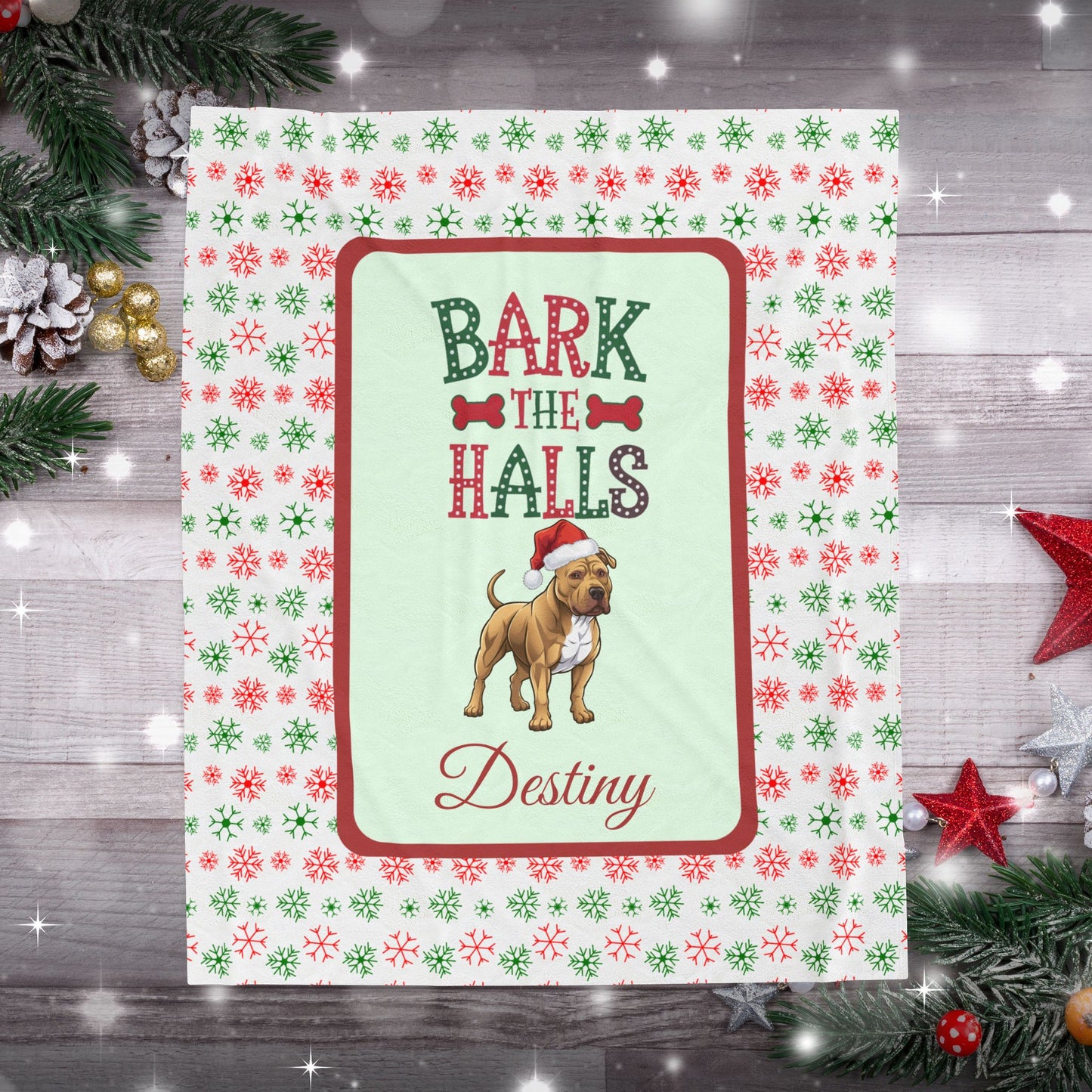 Pitbull (Buckskin) Personalized Velveteen Plush Blanket - "Bark The Halls" | Cozy Holiday Gift for Dog Lovers