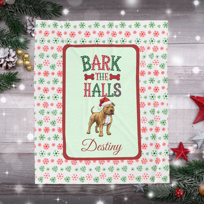 Pitbull (Buckskin) Personalized Velveteen Plush Blanket - "Bark The Halls" | Cozy Holiday Gift for Dog Lovers
