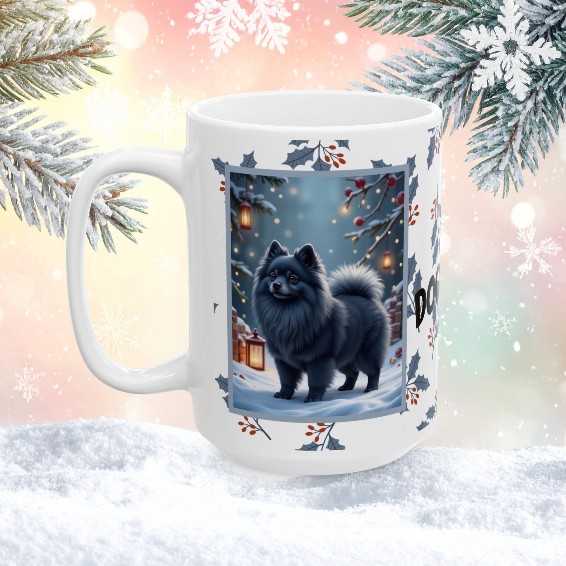 Pomeranian (Blue) Winter Mug - blue pomeranian illustrated standing in a winter scene with soft snow