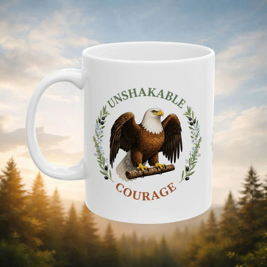 Shop our unshakable courage eagle mug featuring the 15oz style option from MySisterIsASurvivor.