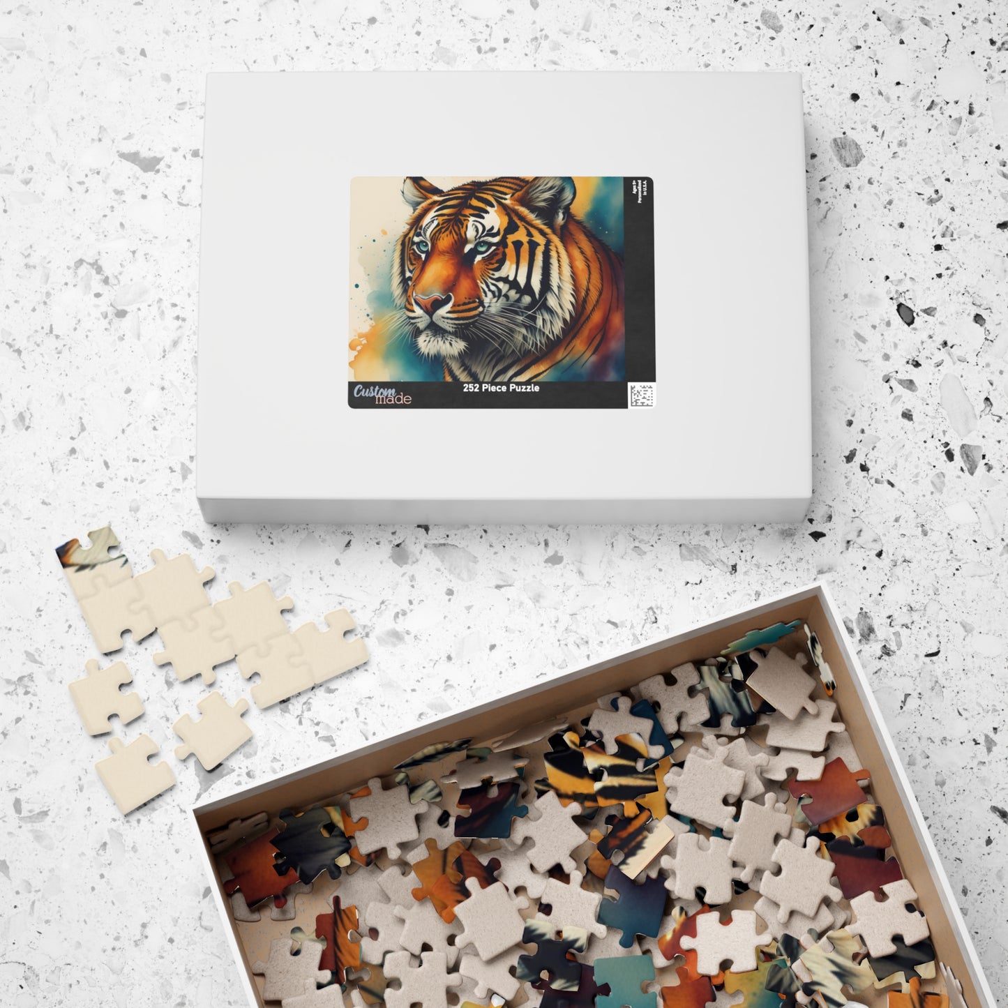 Thrive with the Tiger - Watercolor Tiger Puzzle with Teal Eyes and Warm Amber Washes on White