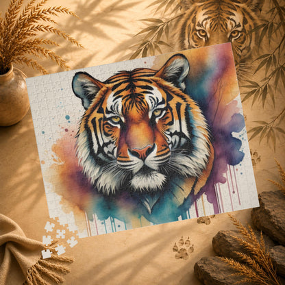 Stalking Serenity - Watercolor Tiger Puzzle with Peach, Purple, and Teal Washes on White