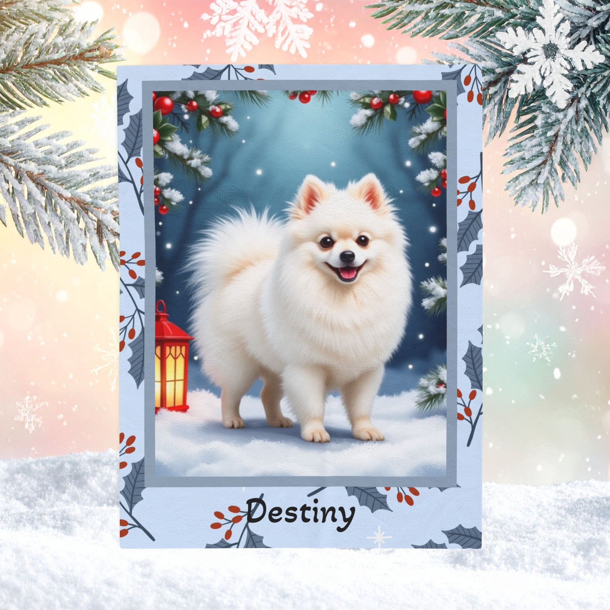Pomeranian White custom winter blanket showing a snowy white Pom in a crisp illustrated lodge background