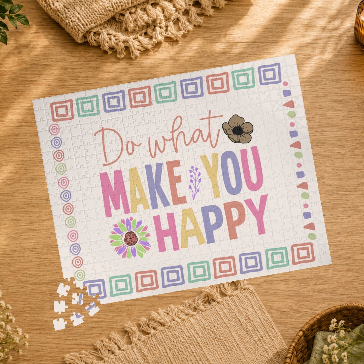 Puzzle with colorful text 'Do what makes you happy' and decorative elements on a white background