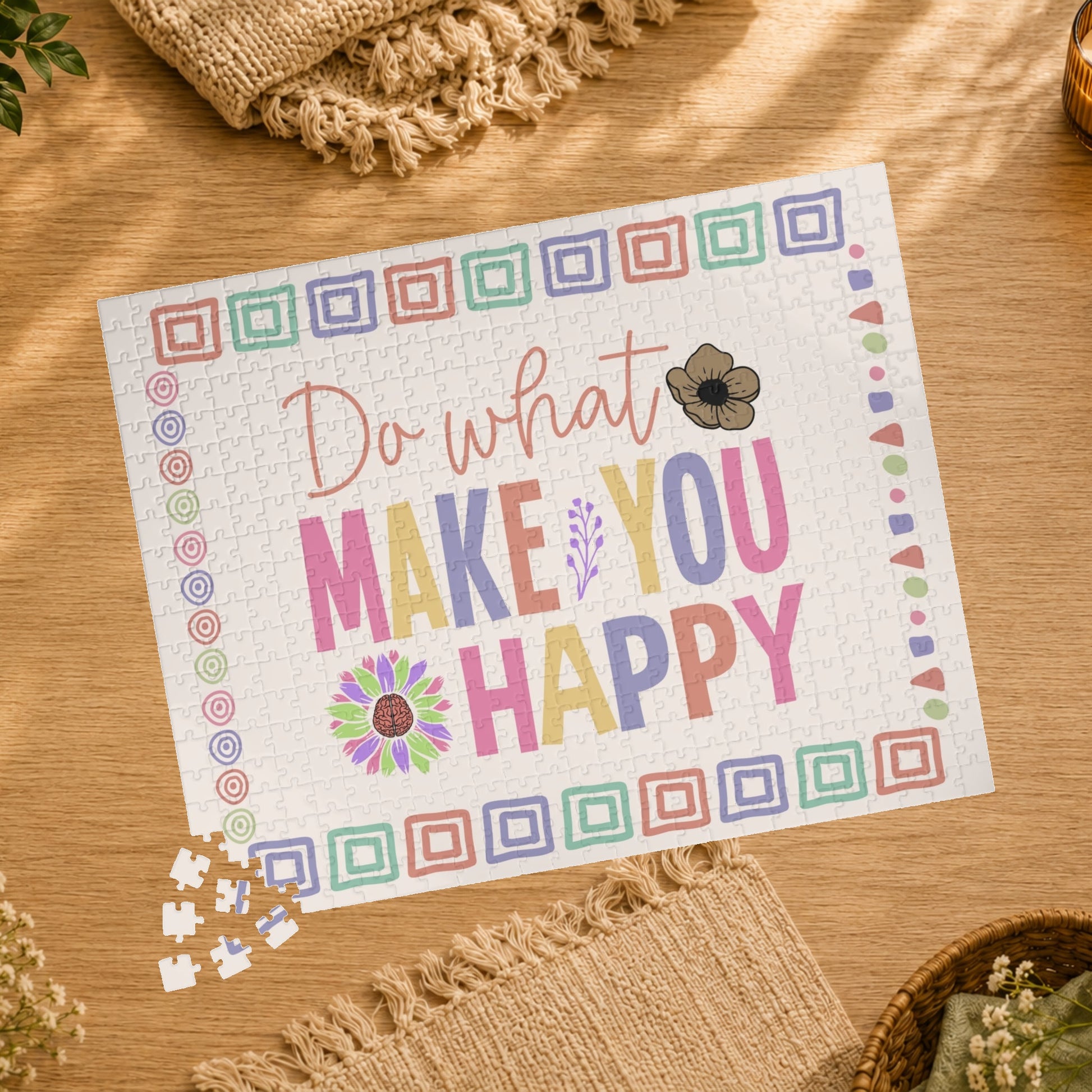 Puzzle with colorful text 'Do what makes you happy' and decorative elements on a white background
