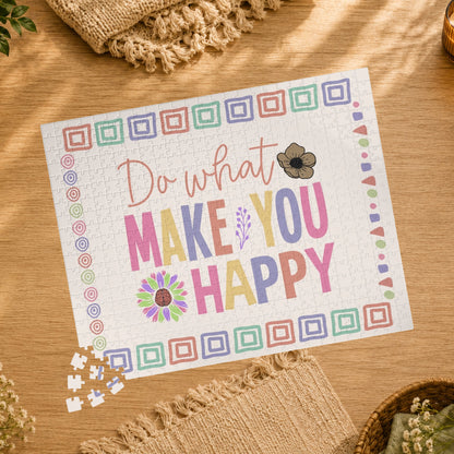 Puzzle with colorful text 'Do what makes you happy' and decorative elements on a white background