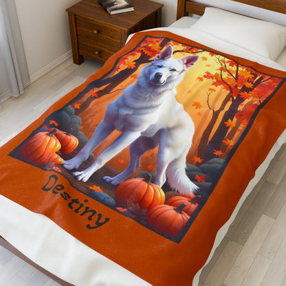 German Shepherd (White) Plush Velveteen Blanket - Custom dog throw, gift for GSD owners
