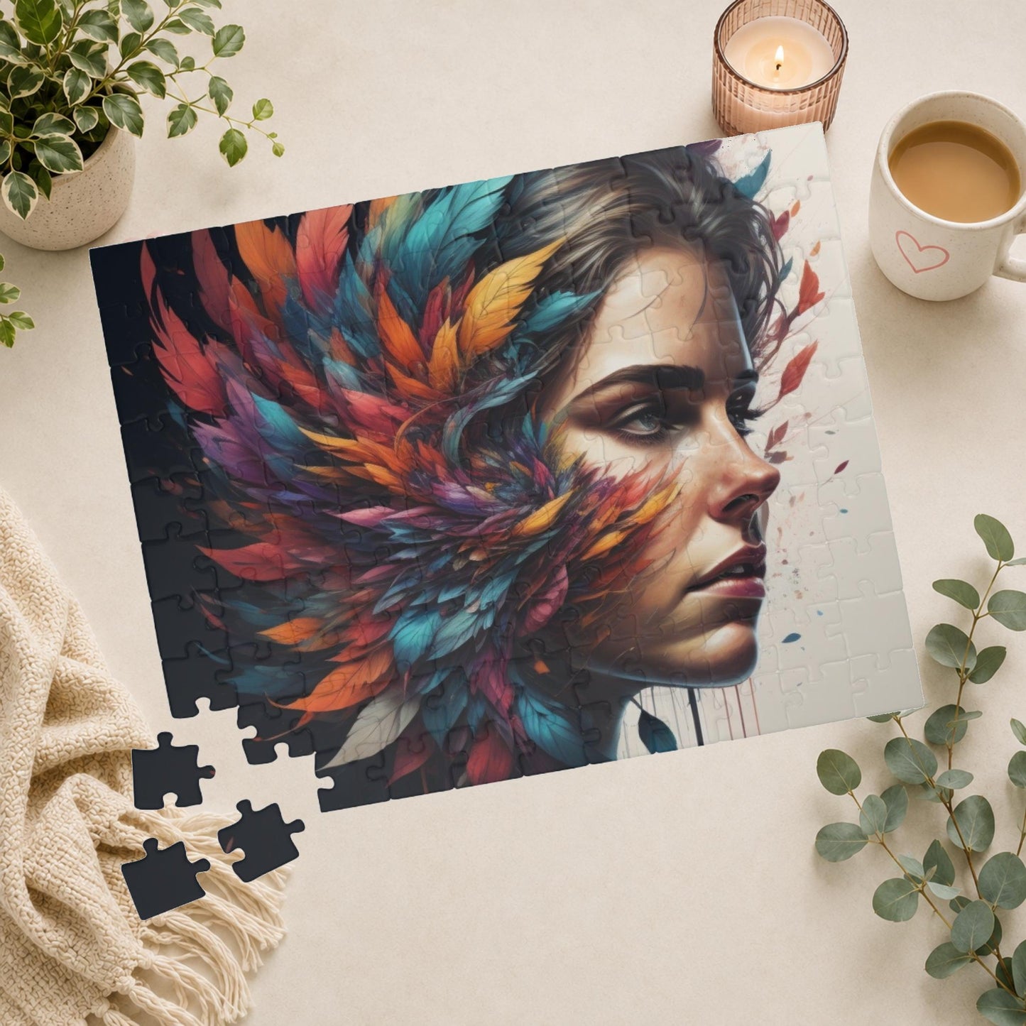 Resilience Palette - Woman's Portrait Puzzle with Colorful Feathers Exploding from Dark Background
