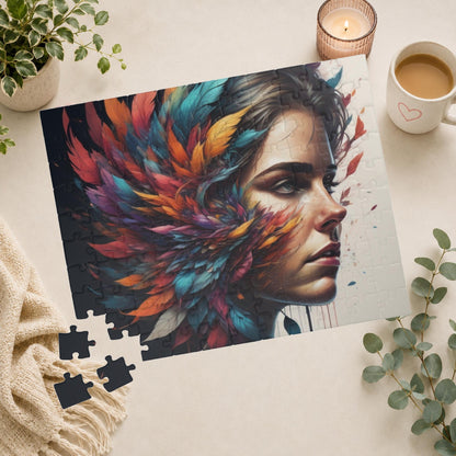 Resilience Palette - Woman's Portrait Puzzle with Colorful Feathers Exploding from Dark Background