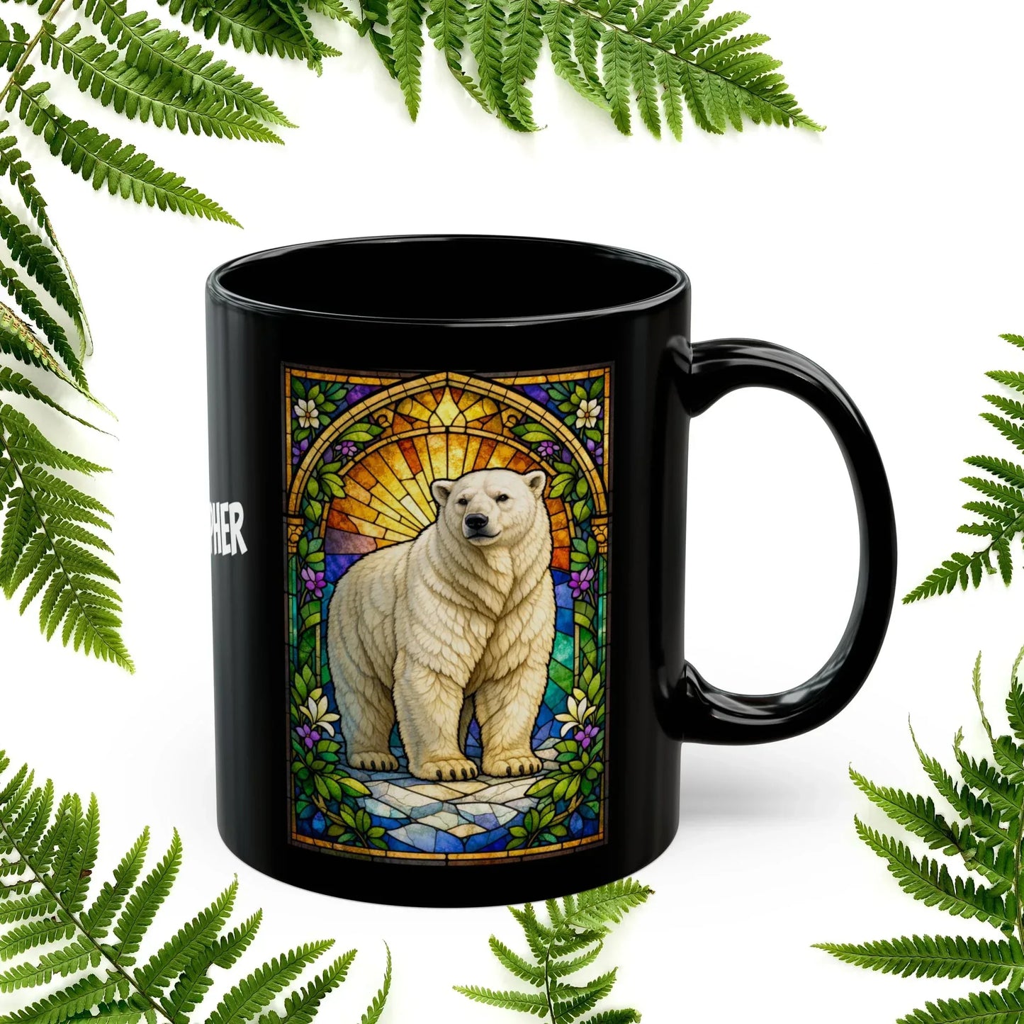 Shop our premium polar bear stained glass style black mug from MySisterIsASurvivor.