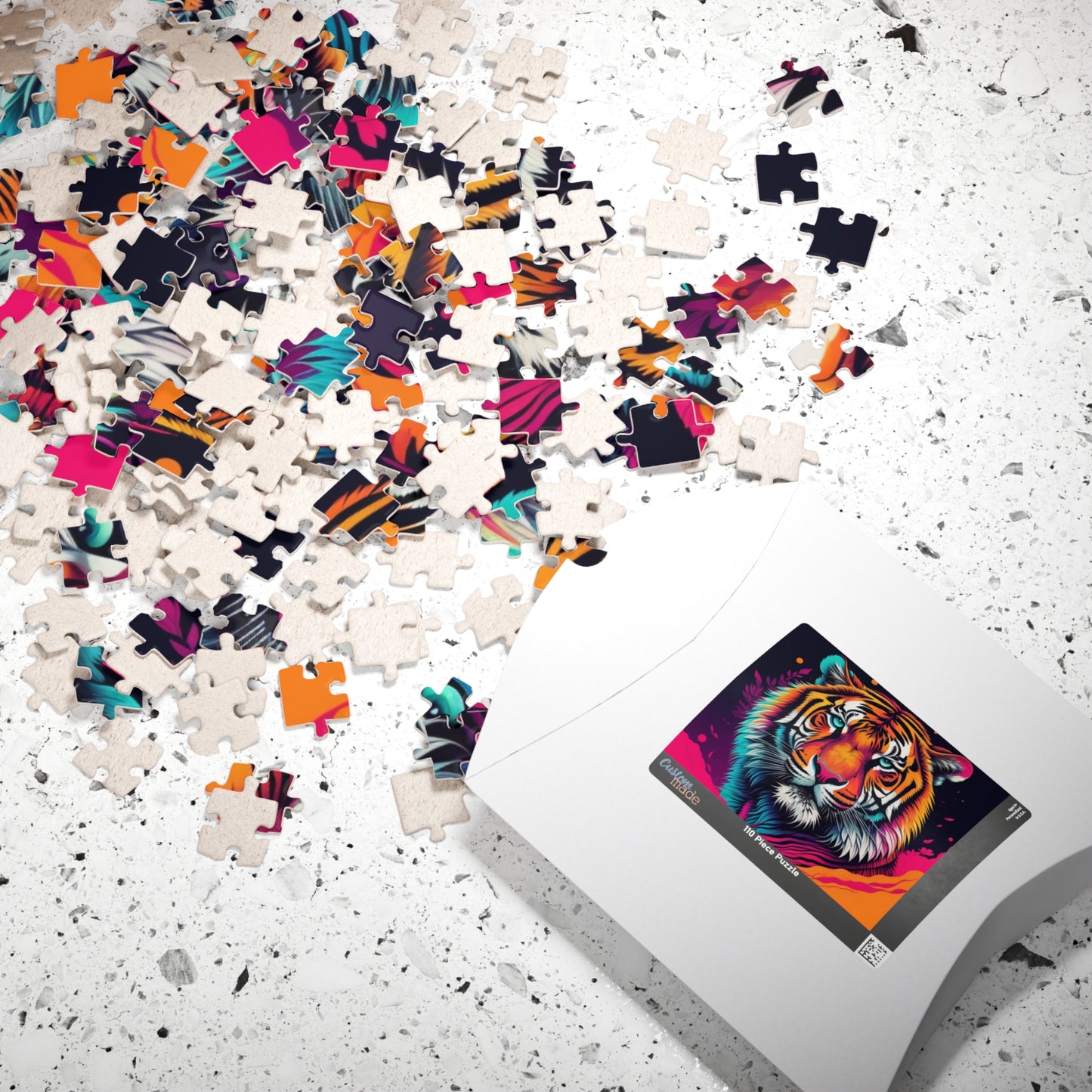 Roar to Renewal - Close-Up Neon Tiger Puzzle with Teal Eyes and Magenta Splatter Art