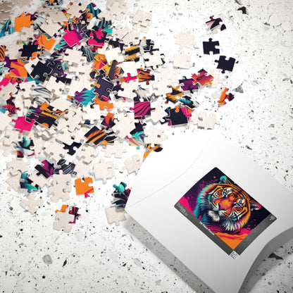Roar to Renewal - Close-Up Neon Tiger Puzzle with Teal Eyes and Magenta Splatter Art