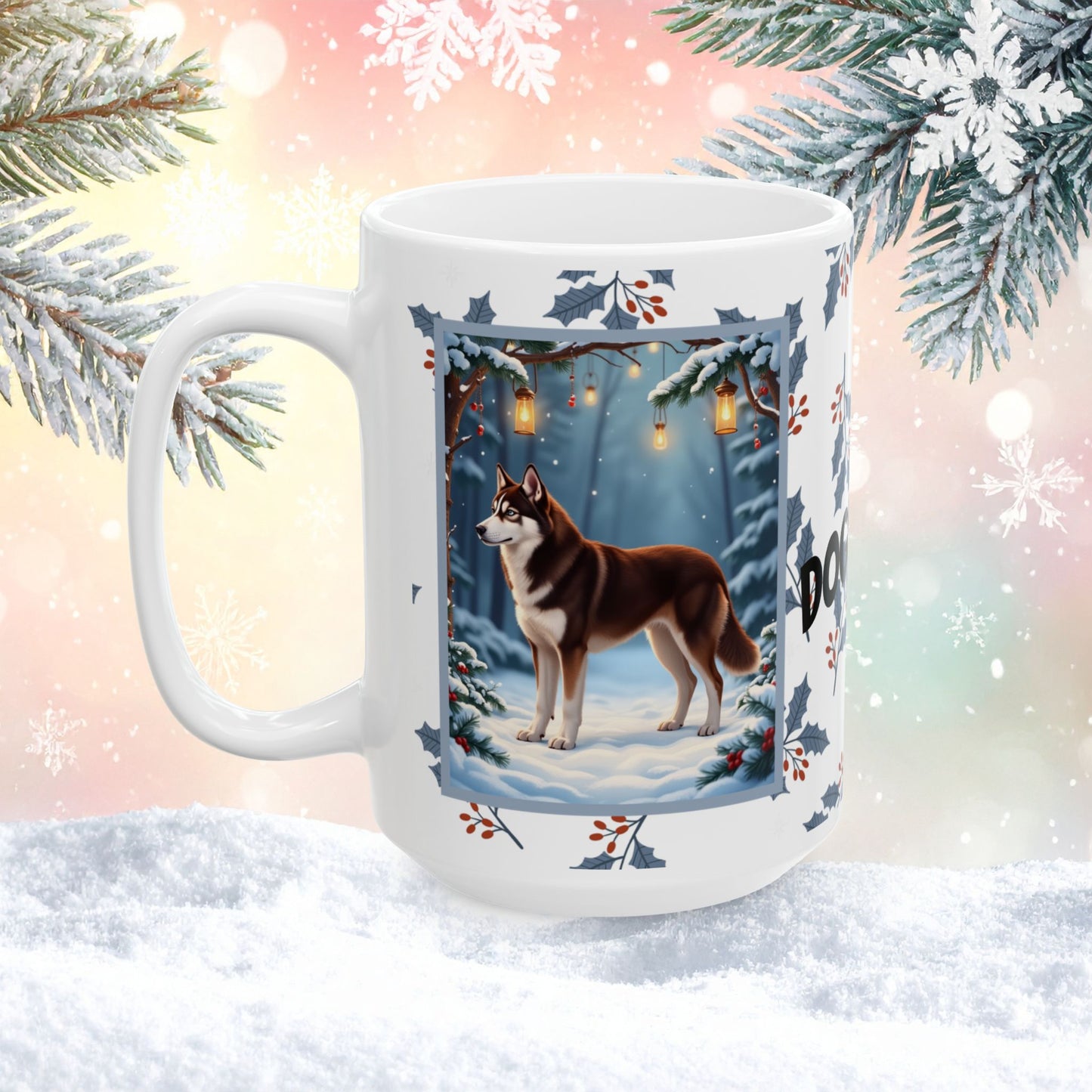 Husky (Chocolate Red) Winter Mug - chocolate red husky artwork standing in a festive winter setting with snow