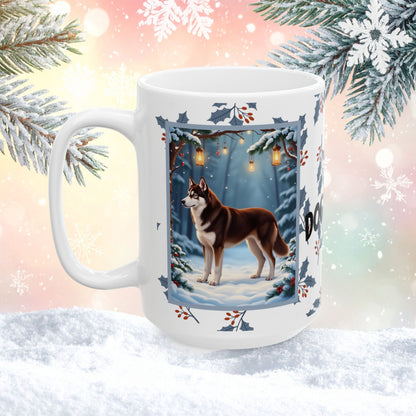 Husky (Chocolate Red) Winter Mug - chocolate red husky artwork standing in a festive winter setting with snow