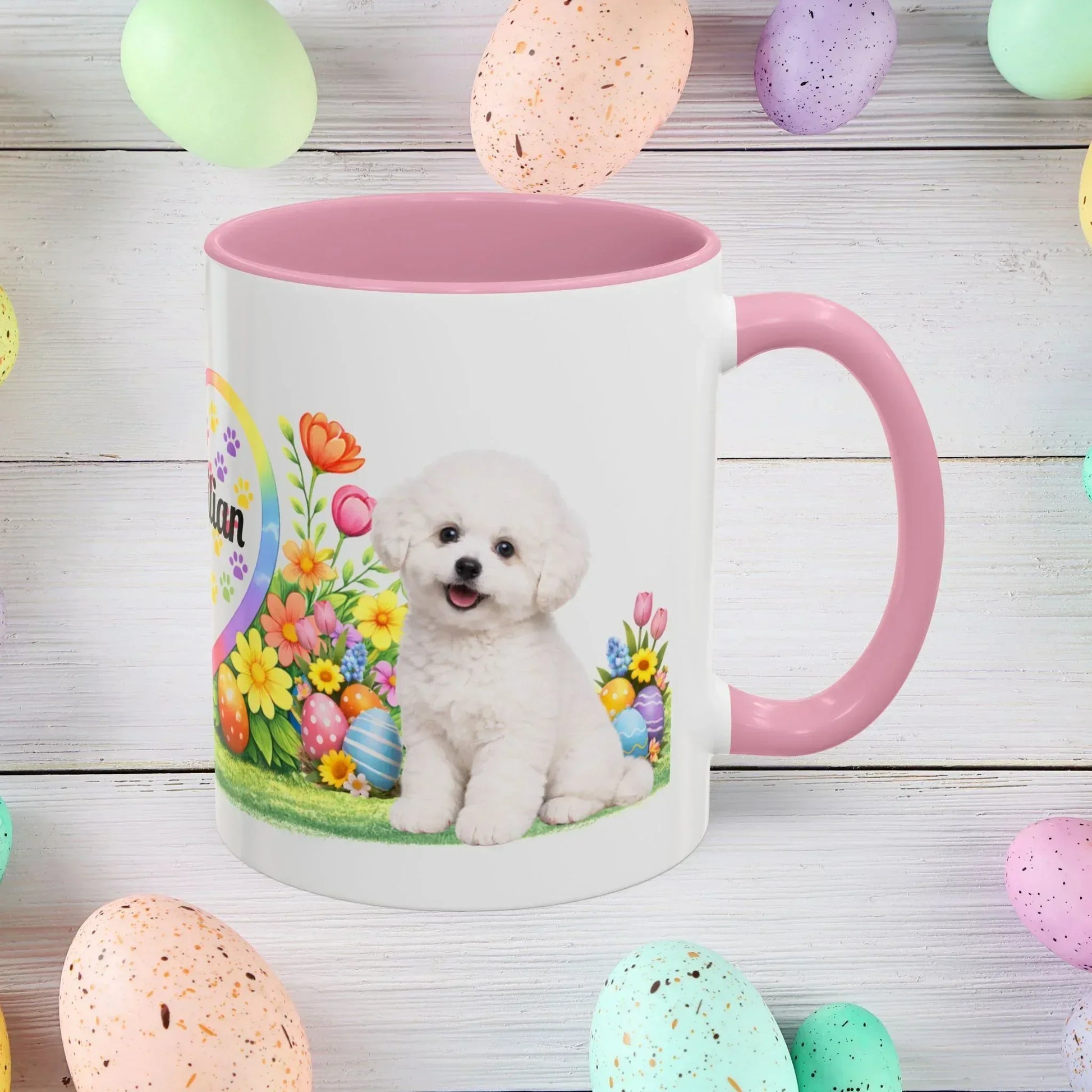 Shop our bichon frise puppy easter mug featuring the 11oz style option from MySisterIsASurvivor.