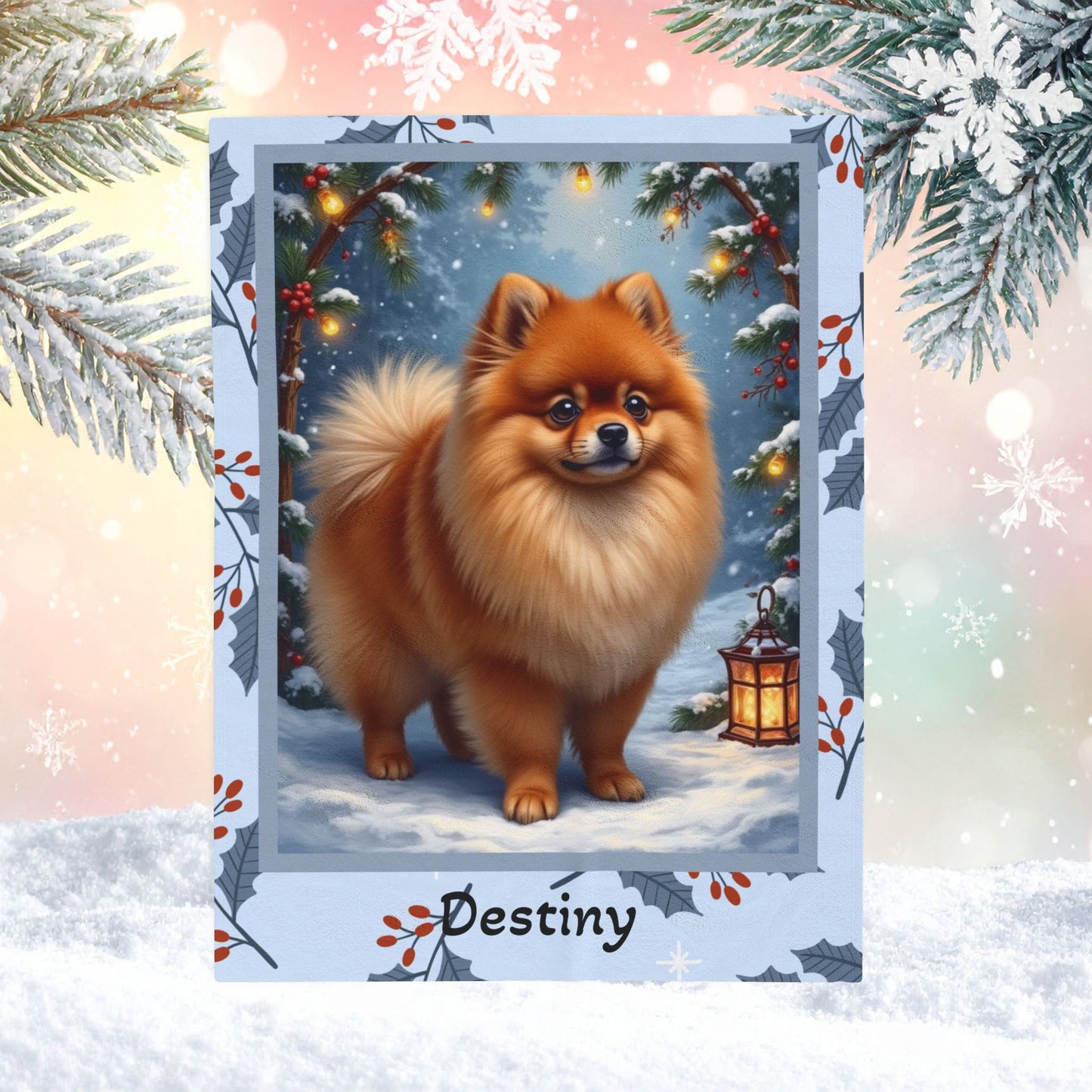 Pomeranian Orange personalized winter throw featuring a cheerful orange Pom in a cozy lodge winter scene