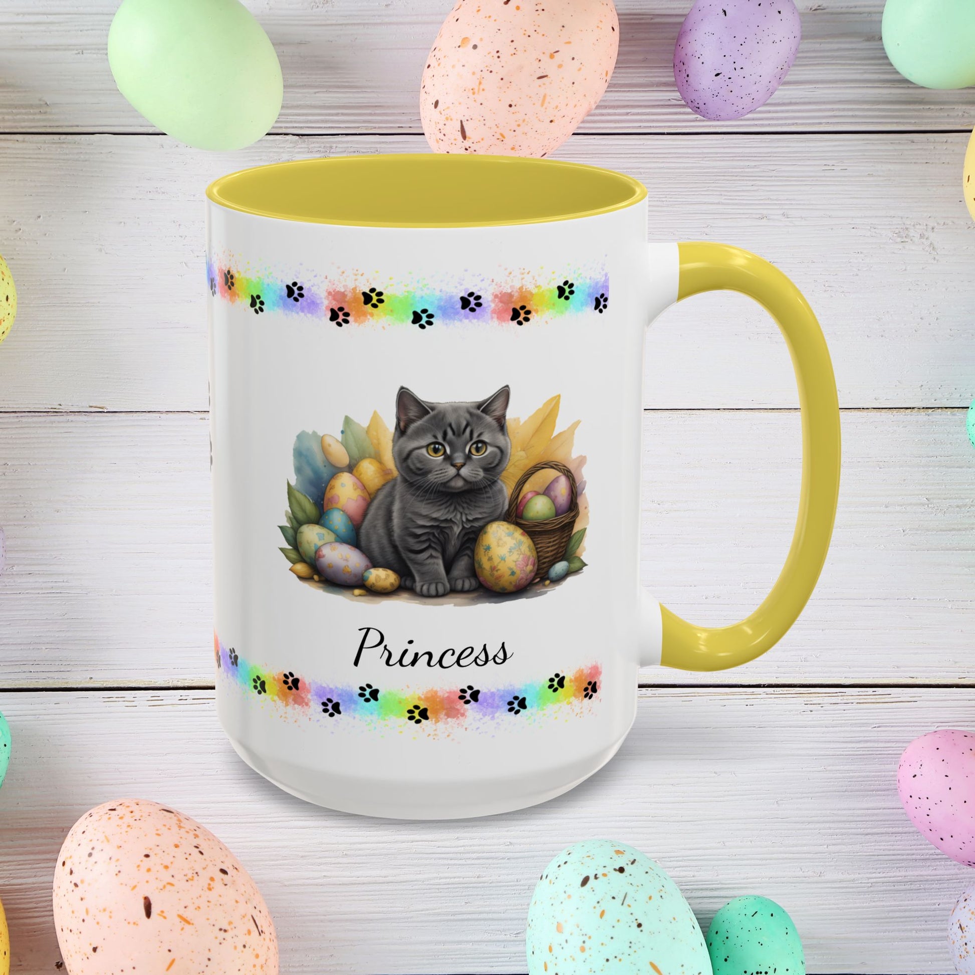 British Shorthair: Personalized Easter Kitten Coffee Mug - Adorable Cat Design, Mental Health Gift, 11oz & 15oz, 12 Color Choices, Easter Gifts & Décor