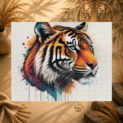 The Tiger Within - Vivid Tiger Portrait Puzzle with Multicolor Paint Splatters on White