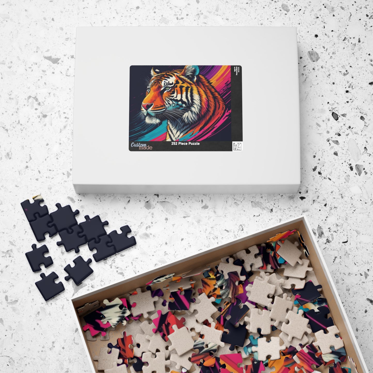 Stripes of Strength - Tiger Puzzle with Bold Rainbow Brushstrokes on Dark Background