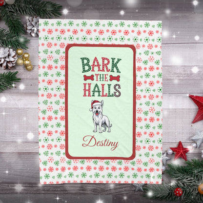 German Shepherd White personalized velveteen dog blanket Bark The Halls festive holiday throw
