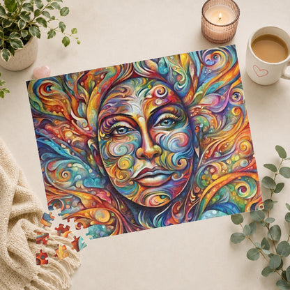 Therapeutic Canvas - Psychedelic Face-as-Canvas Puzzle with Swirling Spirals in Teal, Orange, and Purple