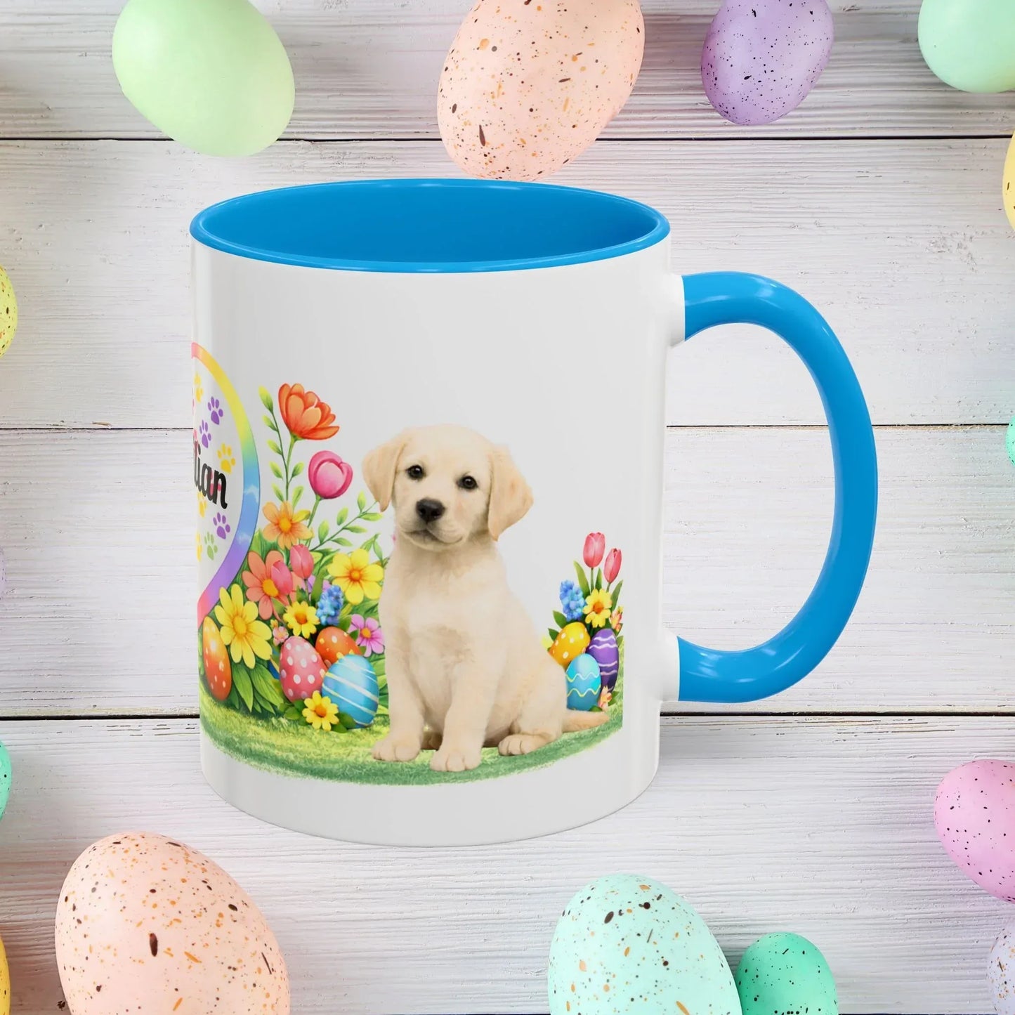 Shop our labrador retriever yellow pale buttemilk puppy easter mug featuring the 11oz style option from MySisterIsASurvivor.