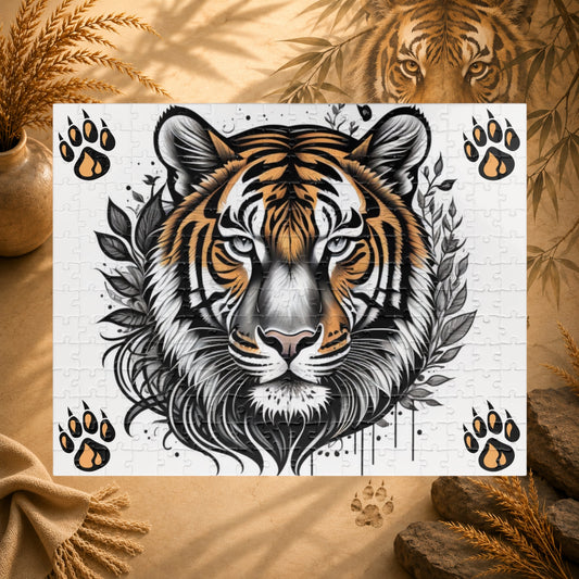Empower Your Mind - Ink and Orange Tiger Puzzle with Botanical Leaves and Paw Prints on White