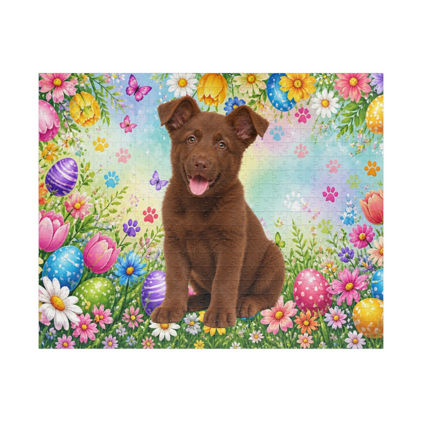 German Shepherd (Solid Liver) Easter Puppy Puzzle - Spring Garden with Eggs, Tulips, and Daisies