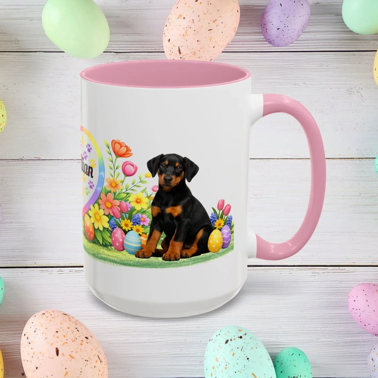 Shop our doberman black rust puppy easter mug featuring the 15oz style option from MySisterIsASurvivor.