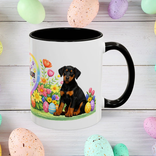 Shop our doberman black rust puppy easter mug featuring the 11oz style option from MySisterIsASurvivor.