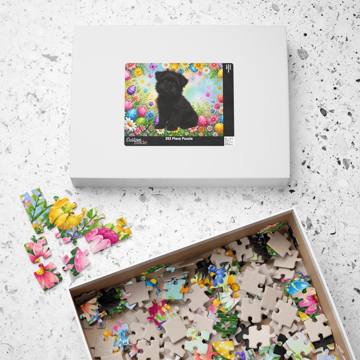 Affenpinscher Easter Puppy Puzzle - Spring Garden with Eggs, Tulips, and Daisies