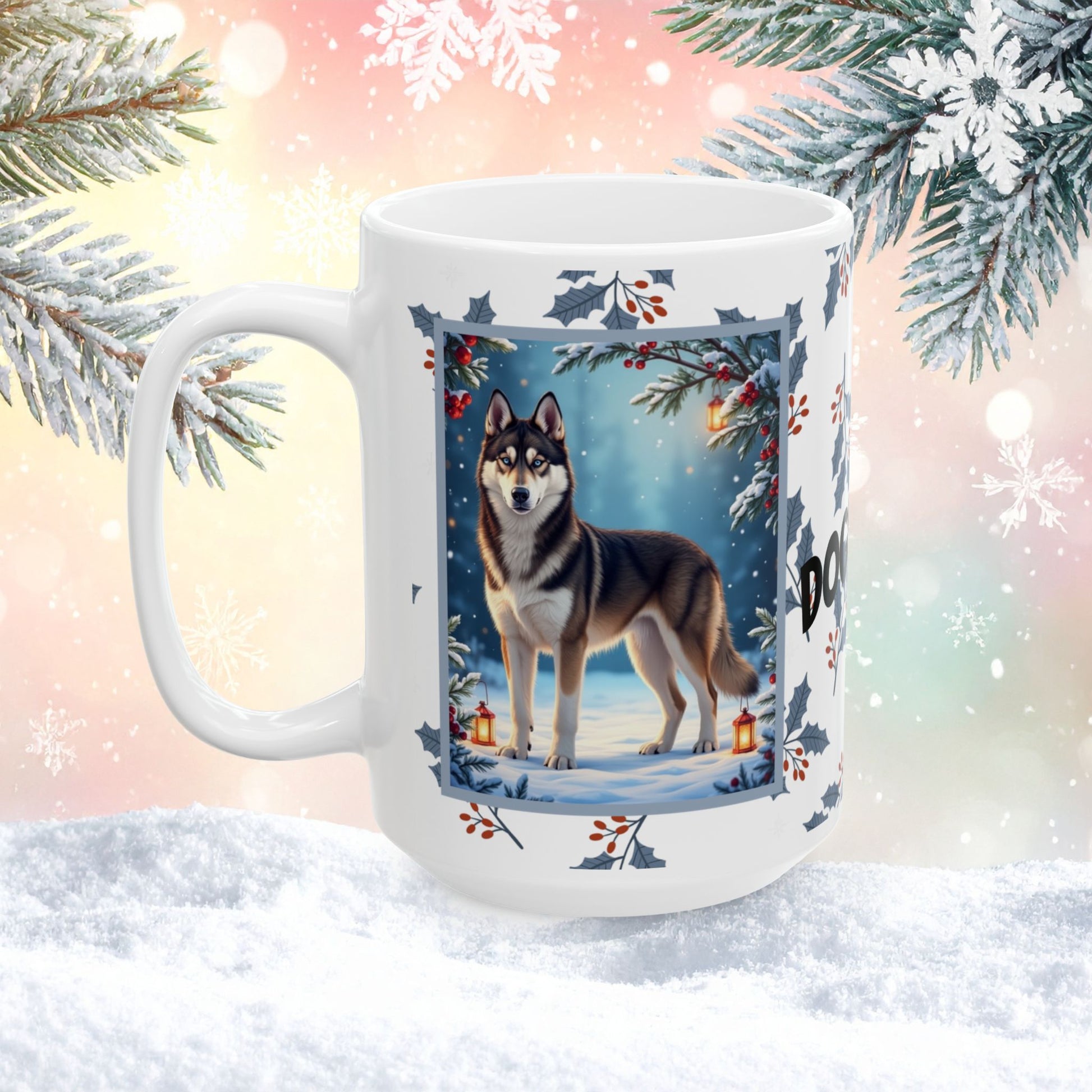 Husky (Agoutti & White) Winter Mug - agouti and white husky illustrated standing in a winter scene with snow and pine trees