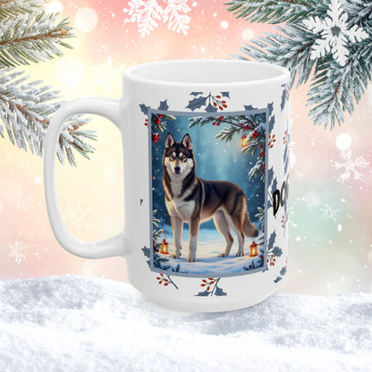 Husky (Agoutti & White) Winter Mug - agouti and white husky illustrated standing in a winter scene with snow and pine trees