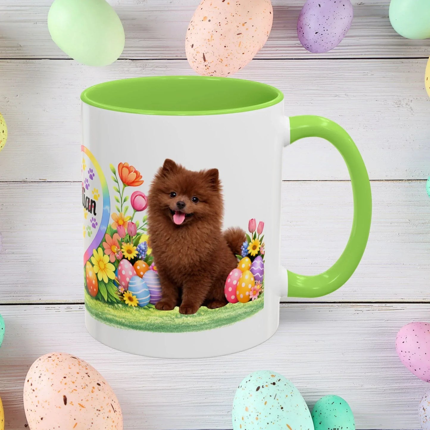 Shop our pomeranian chocolate puppy easter mug featuring the 11oz style option from MySisterIsASurvivor.