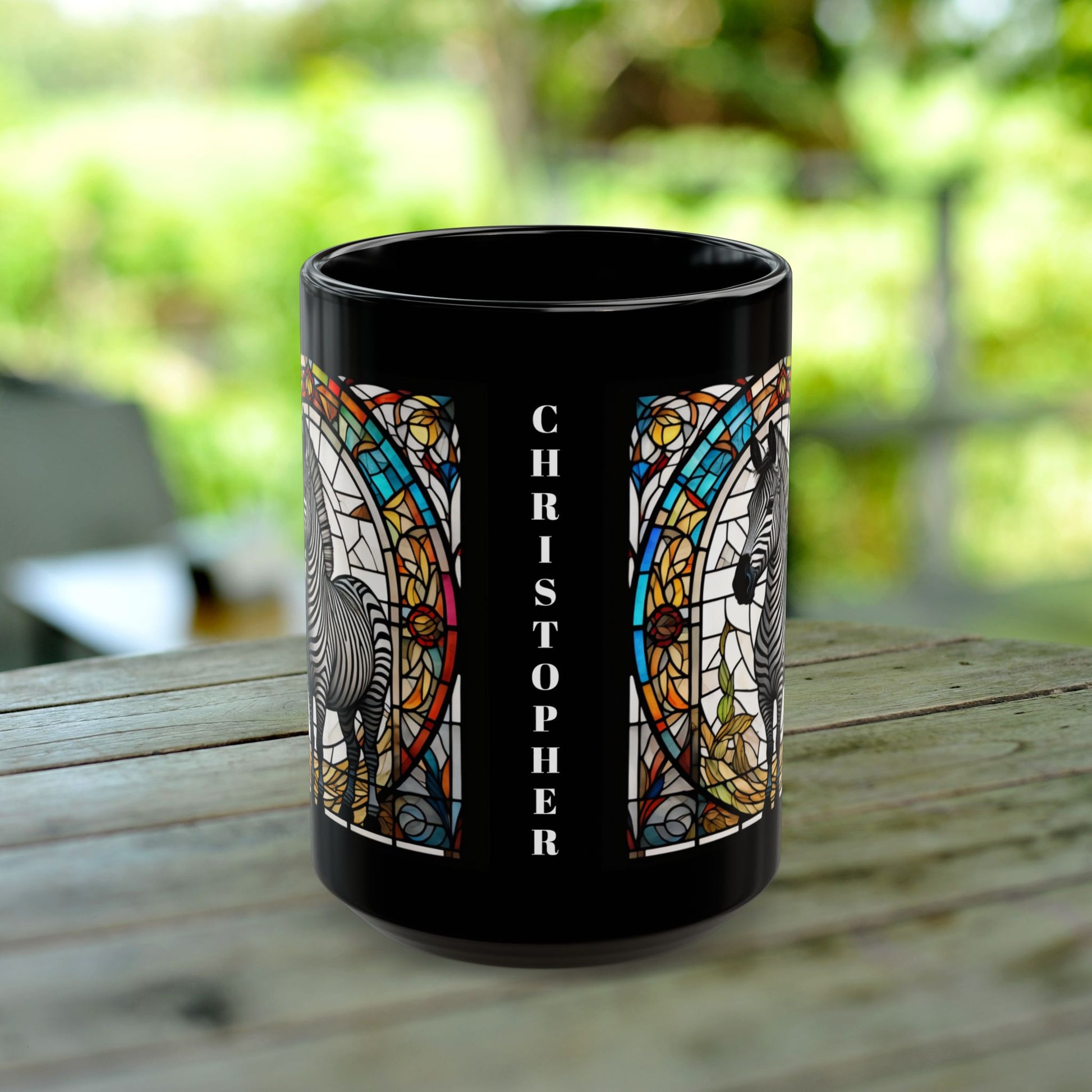 Zebra personalized mug with stained glass zoo animal design, black ceramic wildlife coffee cup.