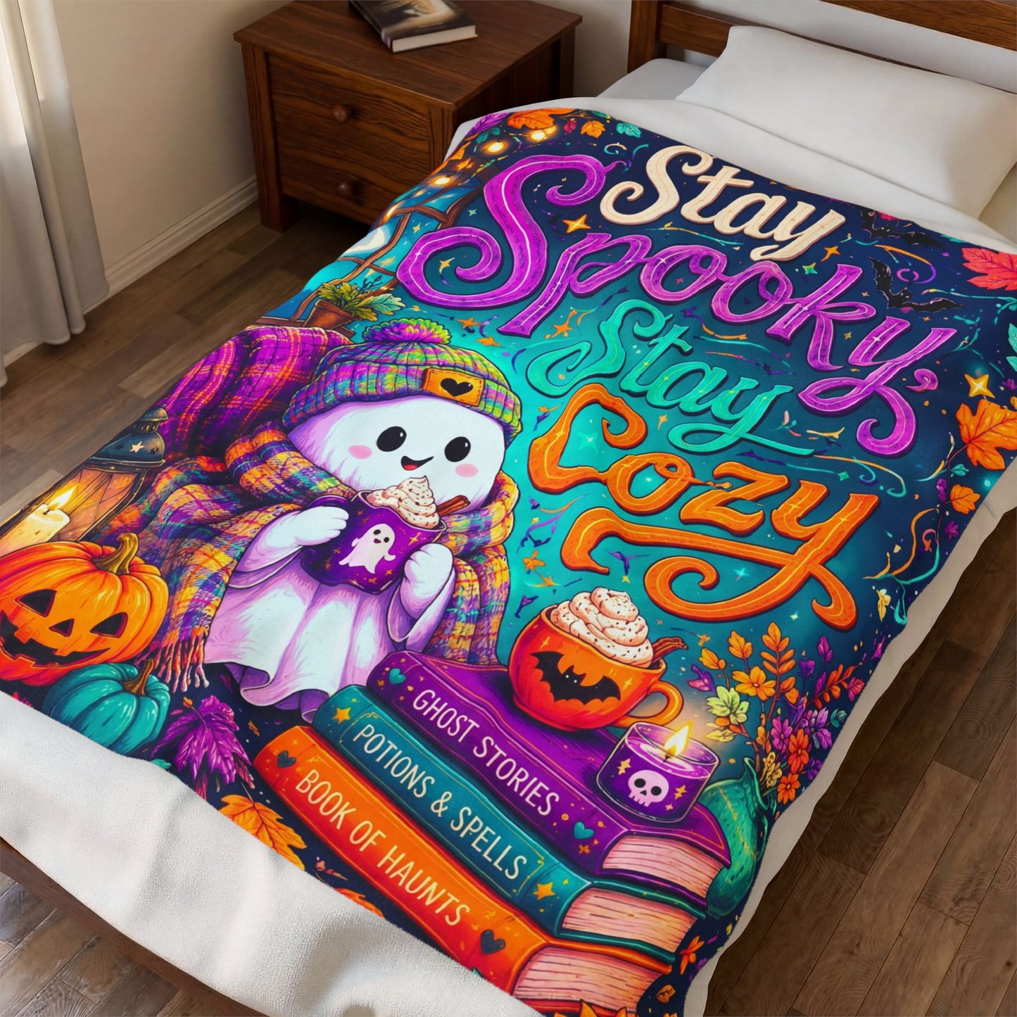 Stay Spooky Stay Cozy Velveteen Blanket - Ghost with Ghost Mug and Ghost Stories Book of Haunts Books