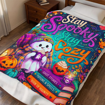 Stay Spooky Stay Cozy Velveteen Blanket - Ghost with Ghost Mug and Ghost Stories Book of Haunts Books
