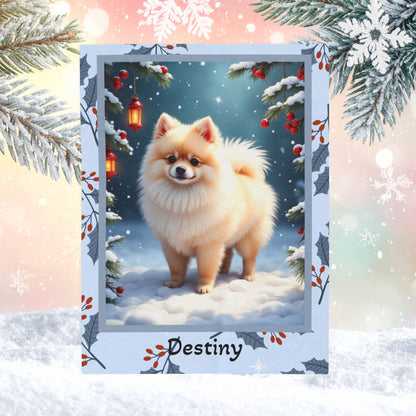Pomeranian Cream personalized winter throw with soft cream Pom artwork in a cozy illustrated lodge setting
